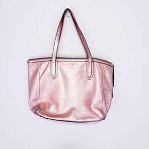 Fossil Rose Gold Sydney Zip Tote Bag Genuine Leather Purse Pink Metallic